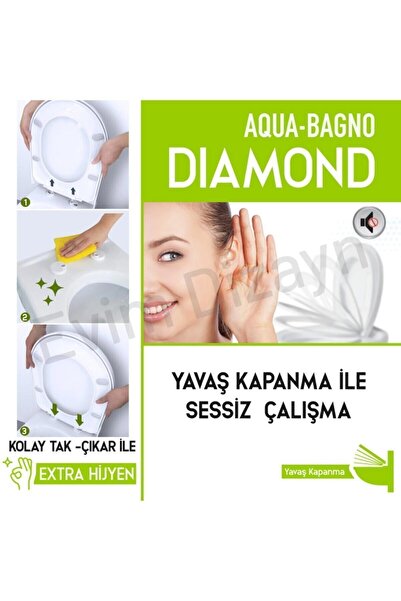 AQUA BAGNO , Diamond Klozet Kapağı, Beyaz, Yavaş Kapanan, Pp