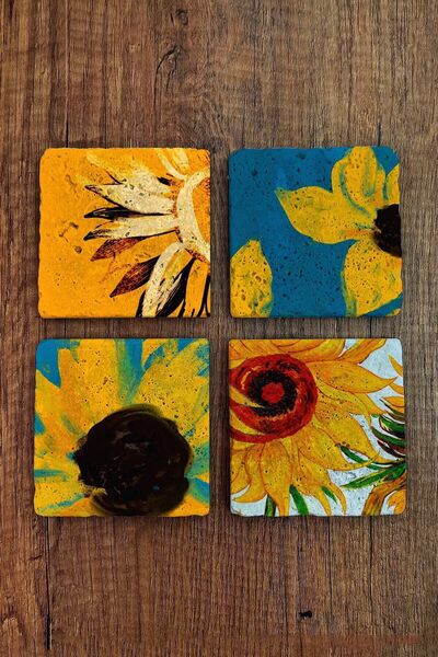 Begoloni Stone Decor طقم قواعد أكواب من الحجر الطبيعي مكون من 4 قطع مع طباعة ...