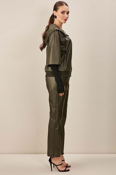Guitar Khaki Straight Leg Leather Trousers
