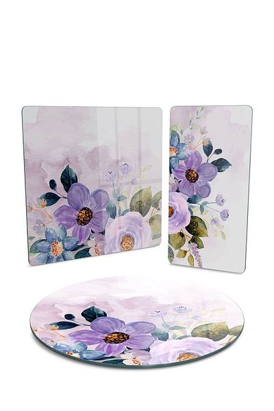Decovetro Mixed Set of 3 - Glass Presentation Serving, Water Painted Flower Patterned Plate
