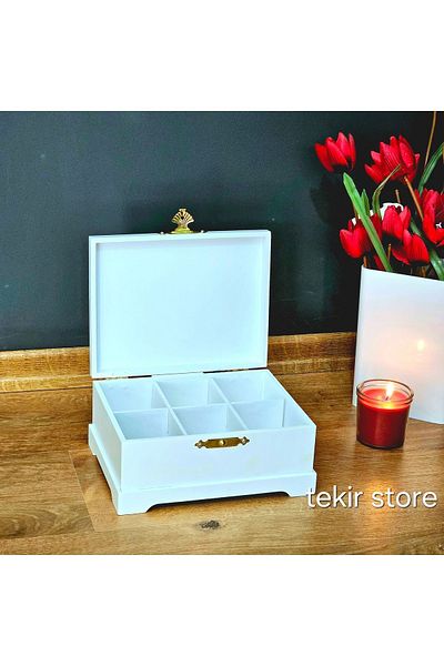 Tekir 6 Compartment White Lacquer Chest - Small Size Wooden Jewelry Watch Organizer with Base