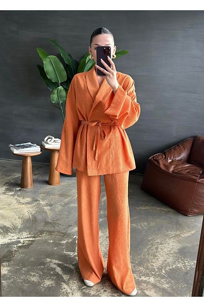 My Blog Set kimono și pantaloni portocalii - guler șal