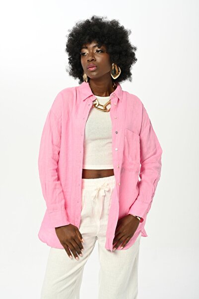 Orfeo Negro Women's Single Pocket Solid Color 100% Linen Shirt