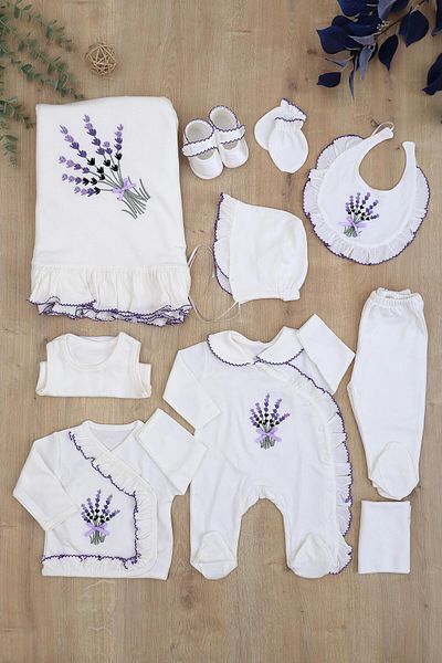 Sitilin Ecru Baby Girl Luxury Lace Cross-stitched 10-piece Hospital Discharge Set - 100% Cotton Stl6739