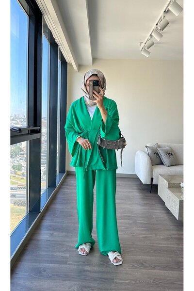 My Blog Zöld kendős galléros kimonó nadrágkosztüm