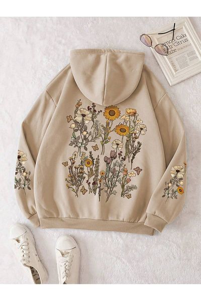 mercoledi Unisex Oversize Hooded Floral Sleeve Printed Sweatshirt