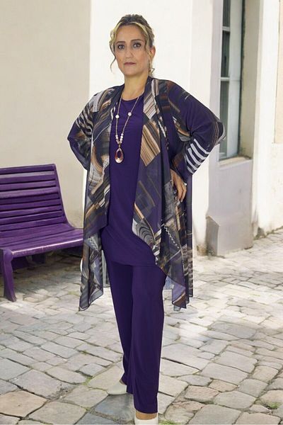 yagmurberen Set de 3 piese de mărime mare - jachetă din șifon cu guler cu volan, bluză cu talie elastică și pantaloni Buzzy