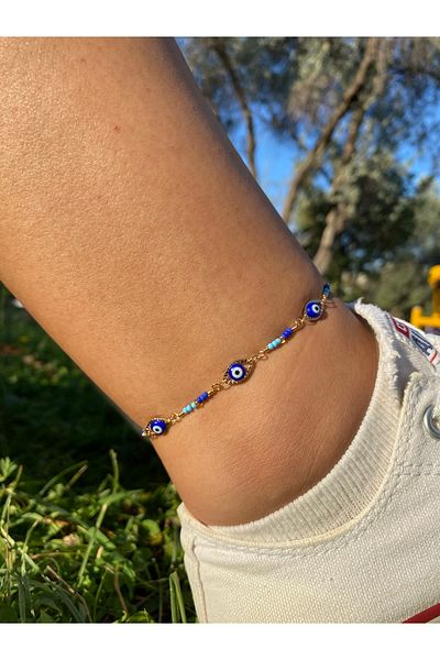 pisay takı & aksesuar Navy Blue Evil Eye Beaded Wrist and Anklet Set