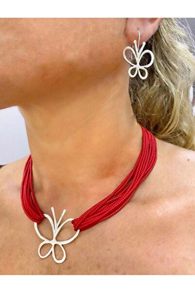 splashtakı Kök Mercan Taşlı 925 Ayar Gümüş Kelebek Kolye Ucu Küpe Set