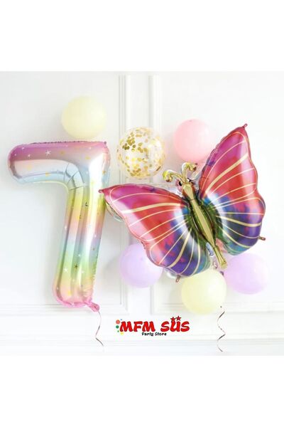 MFM Set baloane din folie curcubeu fluture 7 ani 100 cm