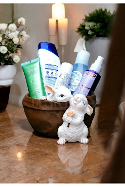 ZEALL DESIGNS Dekoratif El Yapımı Seramik Konsept Tavşanlı Saksı Obje Biblo Kestane