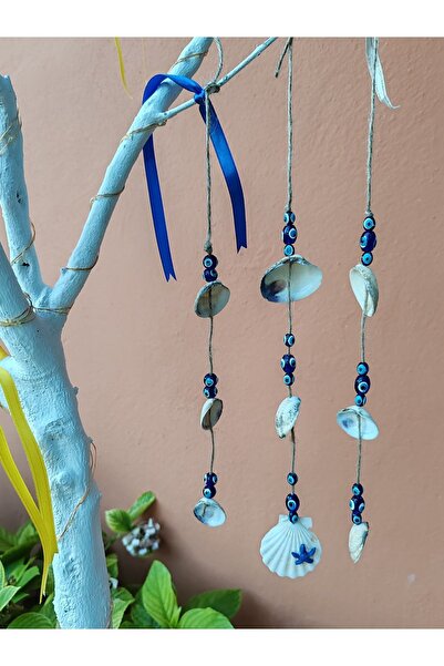 Butik 3 Adet Nazar Boncuklu ve Deniz Kabuklu Ev, Balkon, Bahçe ve Ağaç Süsü -...