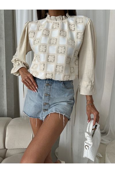 Miss Allos Γυναικεία λινό ύφασμα Λεπτομερής διάτρητη πλεκτή μπλούζα με δαντέλα