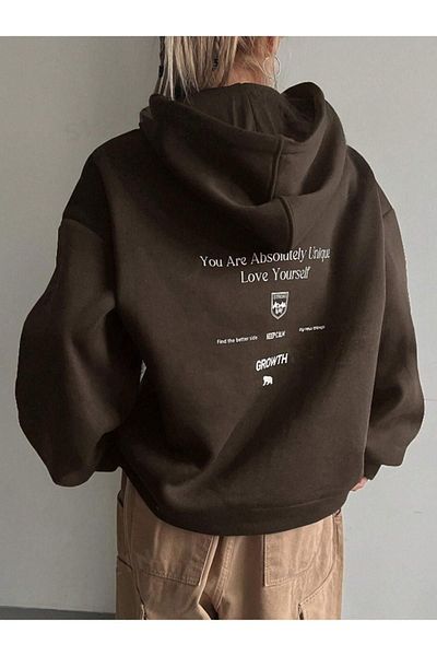 RASCHA Дамски кафяв суитшърт с качулка и принт Calm Oversize