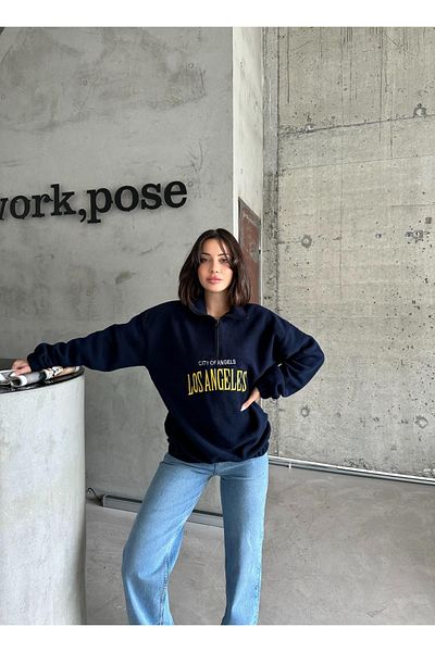 RASCHA Women's Navy Blue Los Angeles Embroidered Oversize Zippered Fleece Sweatshirt