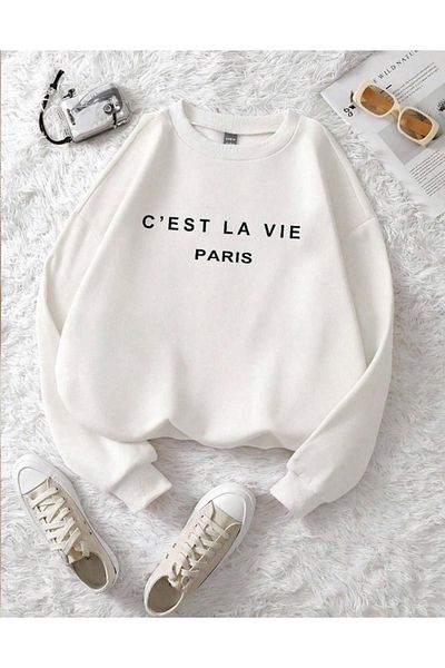 RASCHA Unisex White Cest La Vie Printed Oversize Crew Neck Sweatshirt