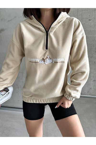 RASCHA Women's Beige the Mountain Embroidered Oversize Fleece Zippered Sweatshirt