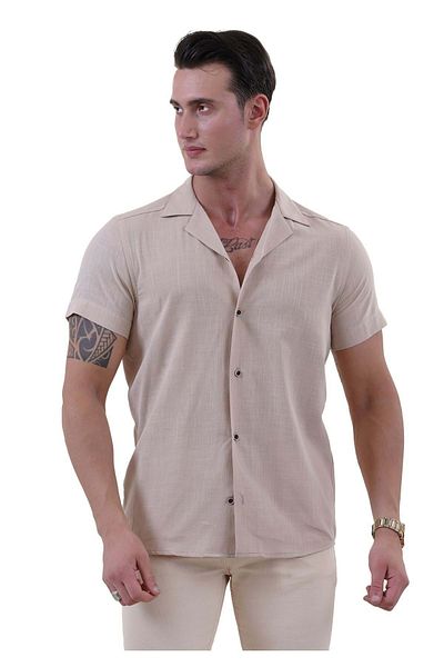 Exve Exclusive Μπεζ λινό υφαντό - Χαβάης Oversize Casual πουκάμισο, χαλαρή εφαρμογή, κοντό μανίκι