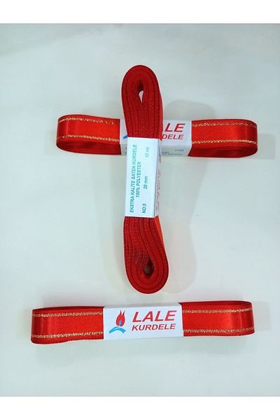 yörük tuhafiye 2 cm Wide Full Red Satin Ribbon - 10 Meters with Gold Yellow Glitter Stripe