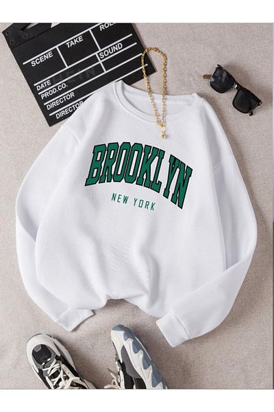 RASCHA Φούτερ Unisex White Brooklyn με στάμπα Oversize Crew Neck
