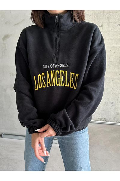 RASCHA Women's Black Los Angeles Embroidered Oversize Zippered Fleece Sweatshirt