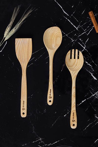 Öz ahsap 3 Pieces Handcrafted Premium Easy to Clean Wooden Spoon Kitchen Set Fork, Rice Spoon, Spatula