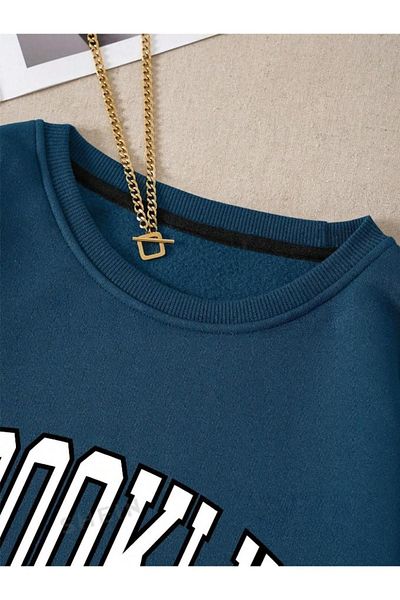 RASCHA Φούτερ Unisex Petrol Blue Brooklyn με στάμπα Oversize Crew Neck