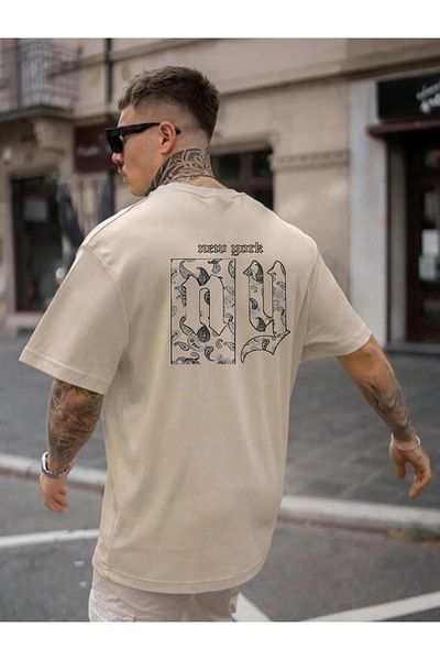 RASCHA Μπεζ ανδρικό μπλουζάκι Oversize - NY Printed, Crew Neck