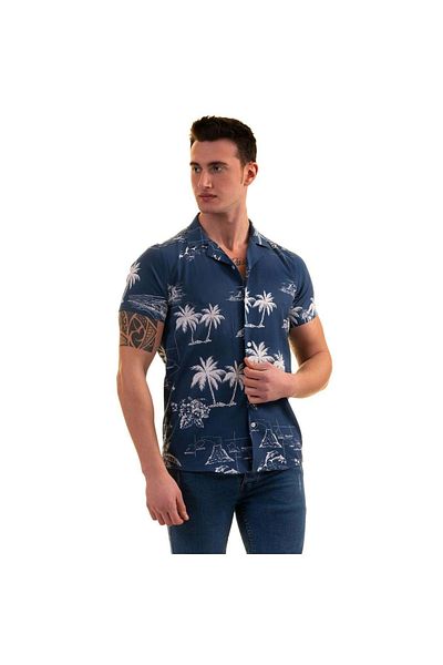 Exve Exclusive Cămașă slim fit albastru indigo - imprimeu cu model din bumbac hawaian, mânecă scurtă respirabilă pentru bărbați