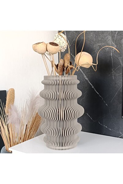 ZMapDesign Uzun Gri Parabolik Tasarım Ahşap Vazo | Modern Ev Dekorasyonu, Ben...