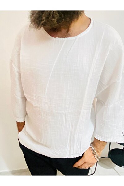 metalartbodrum %100 Pamuk Keten Rahat Kesim Erkek Düğmesiz Gömlek