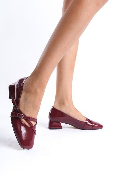 zaınexpress Claret Red Mary Jane Square Toe Short Block Heeled Women's Shoes