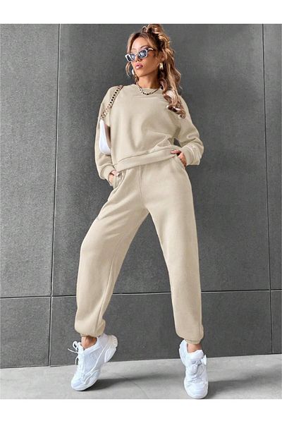 RASCHA Γυναικεία φόρμα φόρμας μπεζ Crew Neck Oversize