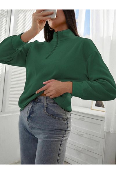 RASCHA Hanorac oversize verde cu jumătate de fermoar pentru femei
