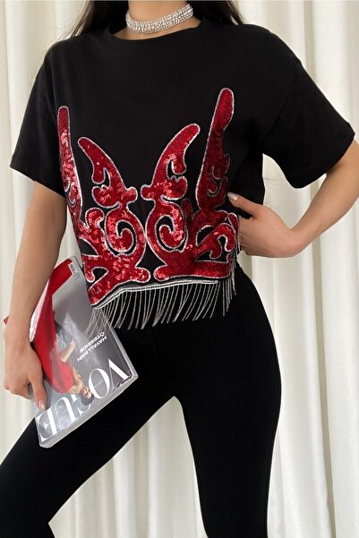 FEMELLE Damska czarna, nowa sezonowa koszulka bawełniana z haftowanymi cekinami i frędzlami