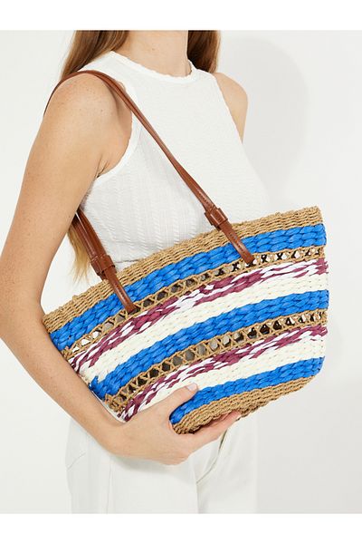 Styli Raffia Color Block Open Shoulder Bag