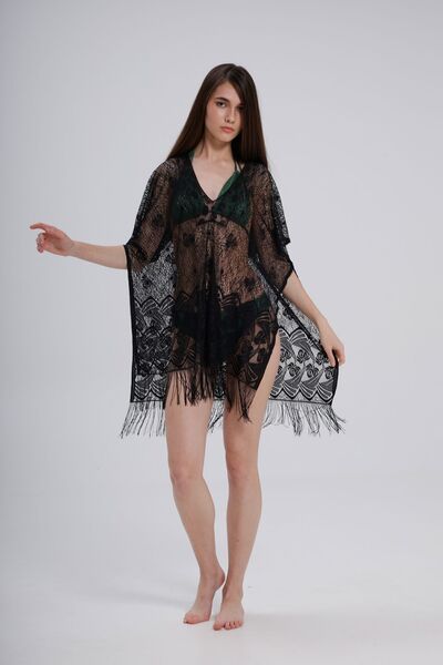 FASHİON DANTEL Lace Pareo Self-Stretching Fringed Beach Dress with Side Stitching (Black)
