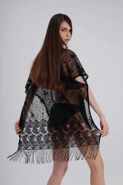 FASHİON DANTEL Lace Pareo Self-Stretching Fringed Beach Dress with Side Stitching (Black)