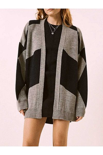 MY FLOWERS Black Beige Patterned - Thick Soft Knitwear Women's Cardigan Jacket