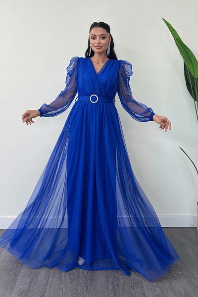 giyimmasalı Saks Blue Maxi Φόρεμα - Ύφασμα από τούλι και διπλό γιακά