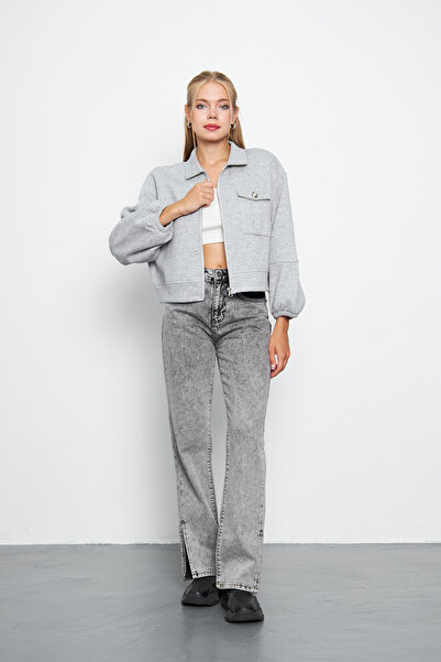 ESPİNA Women's Jacket with Balloon Sleeves and Zipper - Shirt Collar