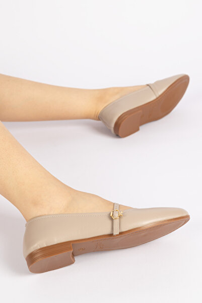 Getcho Radon Women's Cream Single Strap Ballerina Flat Sole Classic Casual Shoes Comfortable Leather Shoes