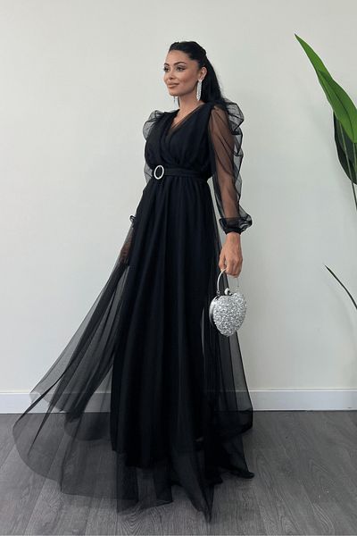 giyimmasalı Μαύρο Maxi Tulle Φόρεμα με διπλό στήθος με λαιμόκοψη