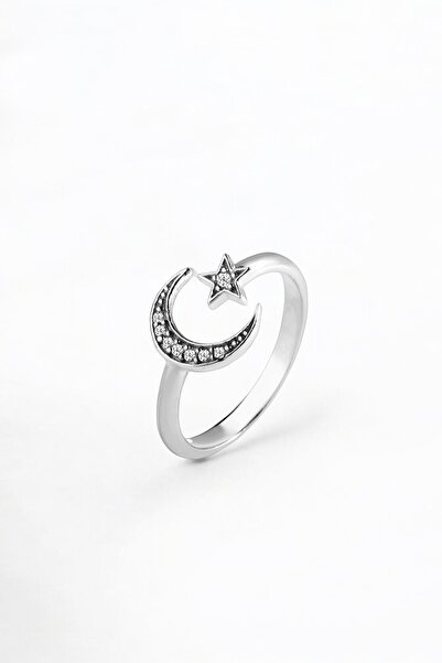 jelux silver Gümüş 925 Ayar Zirkon Taşlı Ayarlanabilir Ay Yıldız Model Yüzük