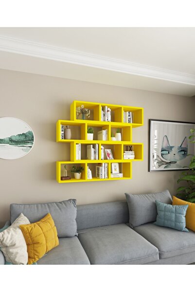 Dekormer Design Kitaplık Modern Duvar Rafı Salon Yatay 4 Lü Takım Sarı