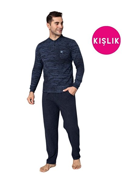 bie's طقم بيجامة قطنية شتوية باللون الأزرق الداكن والأسود - 3 أزرار وجيب على الصدر