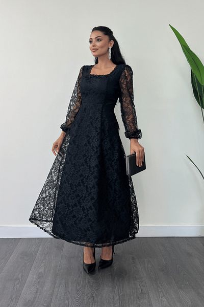 giyimmasalı Black Midi Lace Dress - Square Collar