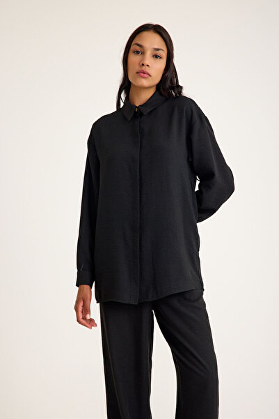 Mizalle Gömlek Yaka Keten Dokulu Siyah Tunik