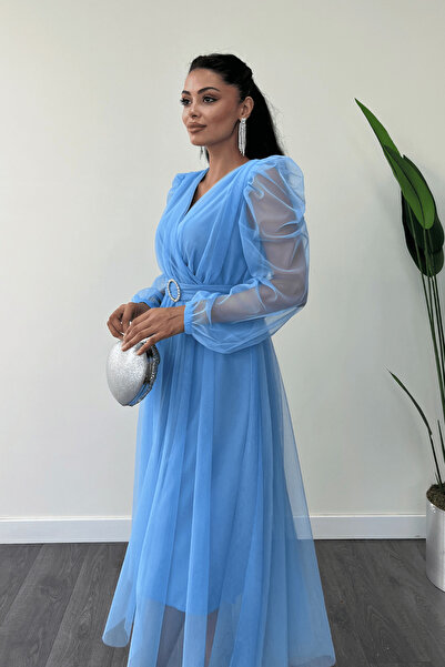 giyimmasalı Tüll szövet duplasoros nyakú kőöv részletes ruha - BABY BLUE