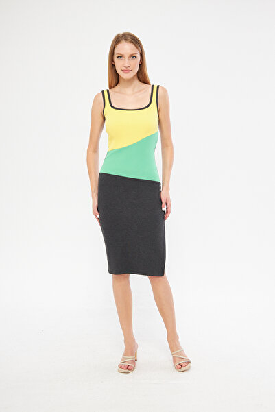 ESPİNA Kadın Kare Yaka Yırtmaçlı Blok Kolsuz Midi Elbise